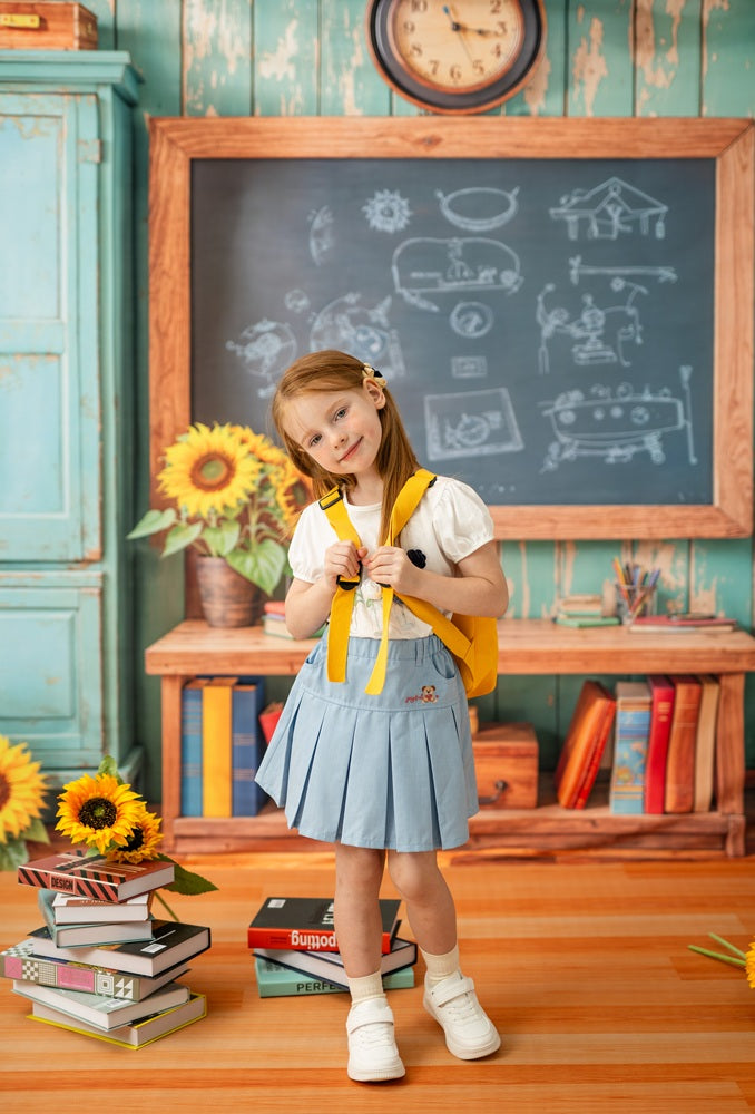 Kate Back to school Chalkboard Blue Cabinets Backdrop+Orange Wooden Floor Backdrop