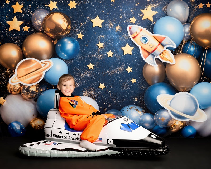 Kate Blue Cake Smash Space Rocket Balloon Backdrop Designed by Emetselch -UK