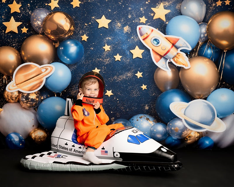Kate Blue Cake Smash Space Rocket Balloon Backdrop Designed by Emetselch -UK