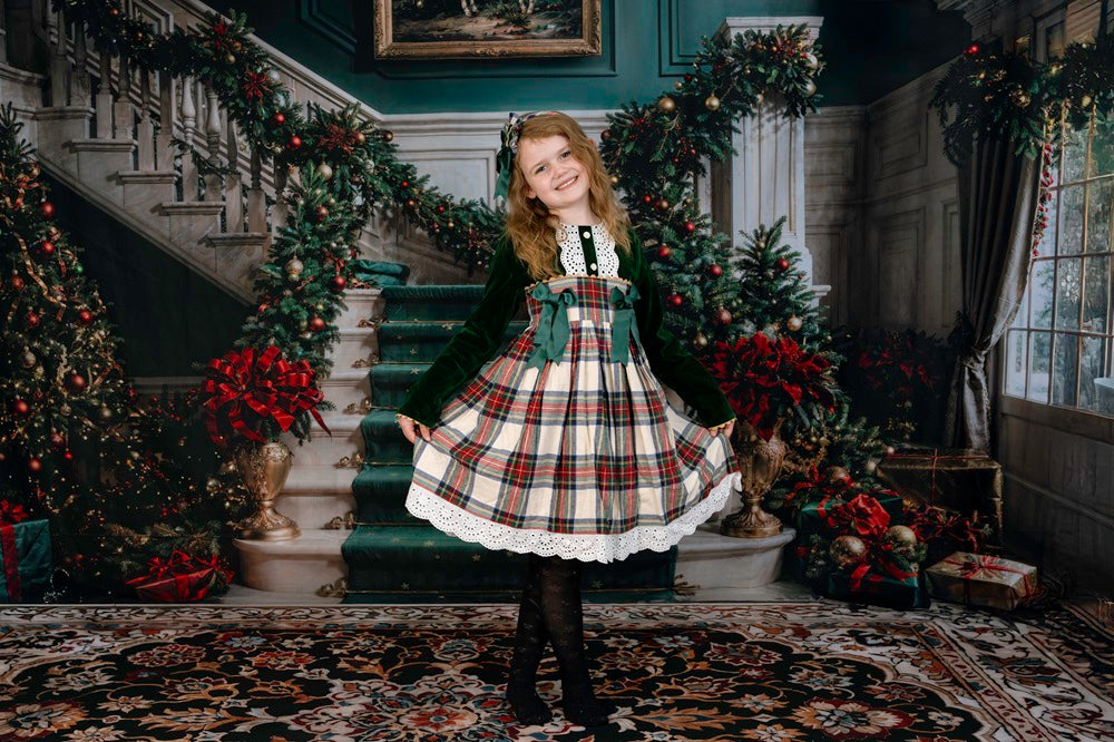 Kate Christmas White Green Staircase Backdrop+Vintage Floral Marble Floor Backdrop -UK