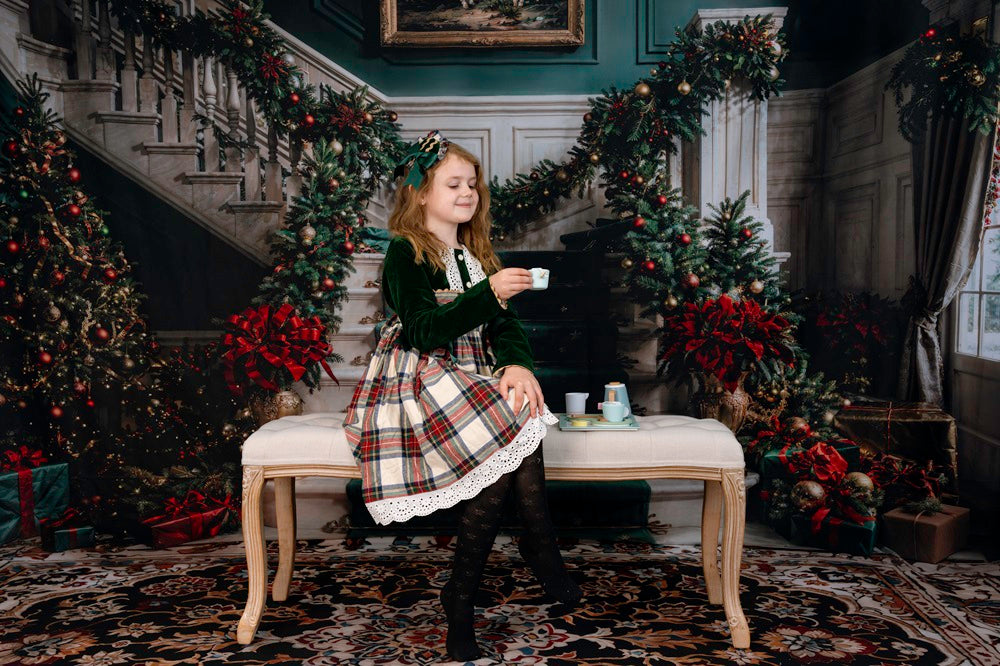 Kate Christmas White Green Staircase Backdrop+Vintage Floral Marble Floor Backdrop -UK