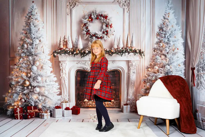Kate Christmas Fireplace White Trees Gifts Backdrop Designed by Emetselch -UK