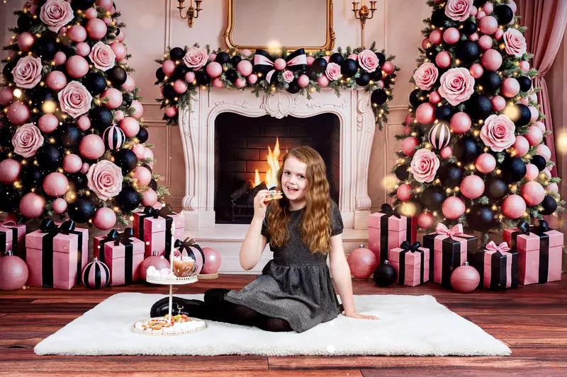 Kate Christmas Pink Black Trees Fireplace Backdrop Designed by Ashley Paul -UK
