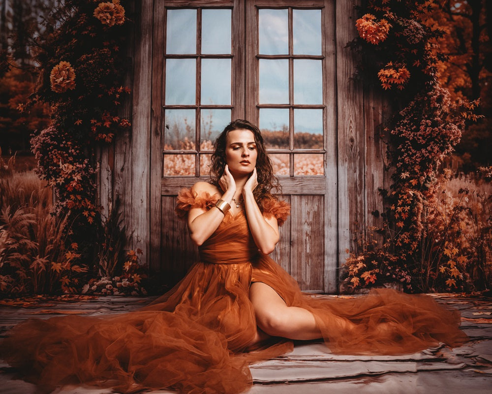Kate Autumn Vintage Wooden Door Backdrop+Gray Cobblestone Road Floor Backdrop -UK