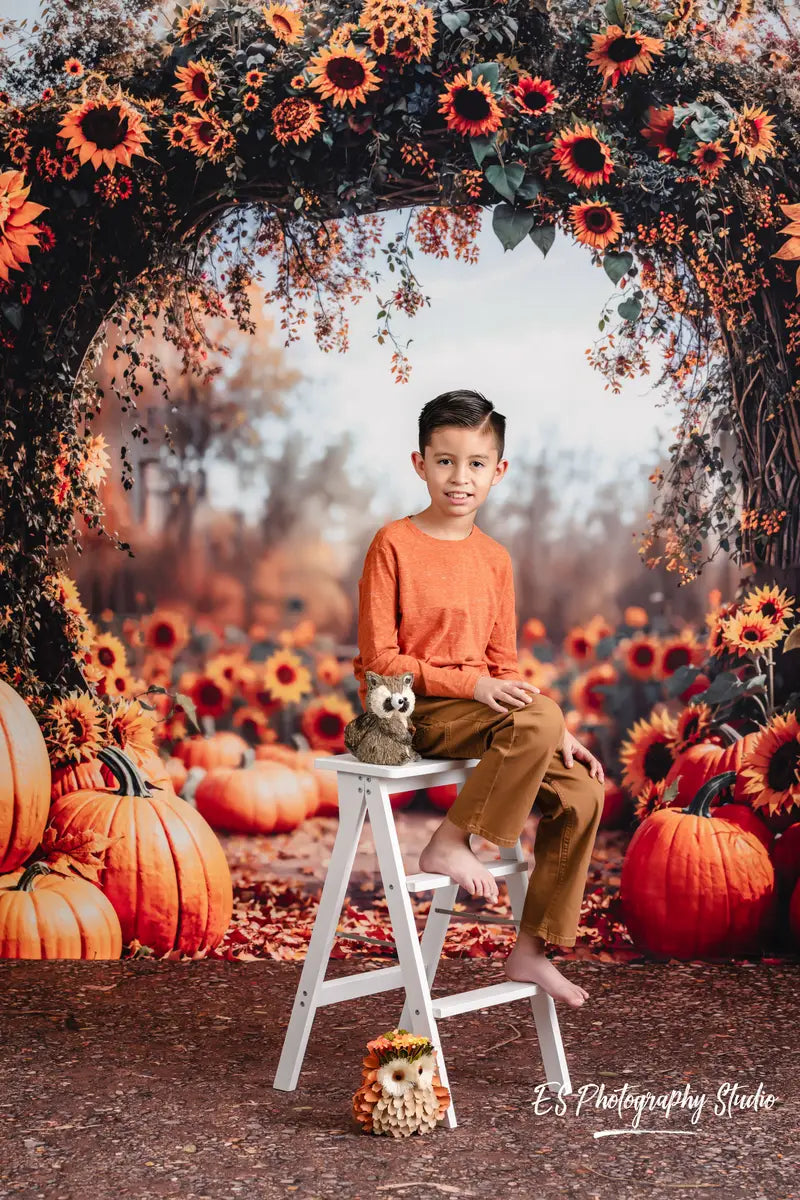 Kate Autumn Sunflower Pumpkin Arch Fleece Backdrop Designed by Emetselch -UK
