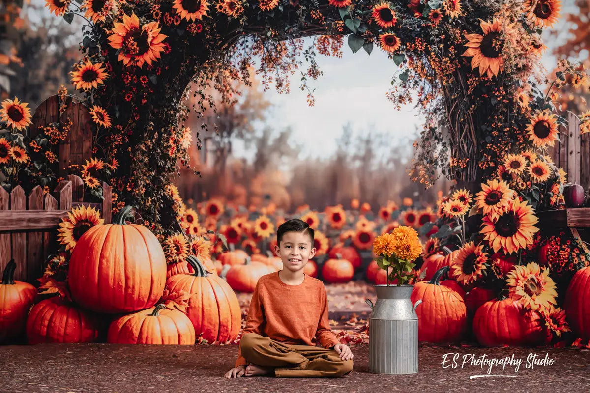 Kate Autumn Sunflower Pumpkin Arch Fleece Backdrop Designed by Emetselch -UK