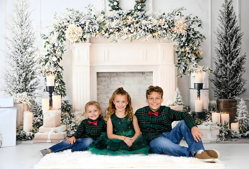 Kate Christmas White Fireplace Garland Candles Backdrop Designed by Emetselch