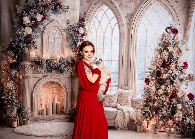 Kate Christmas Tree Roses Fireplace Arched Window Backdrop Designed by Emetselch