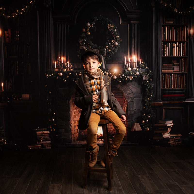 Kate Christmas Fireplace Wreath Bookshelves Backdrop Designed by Emetselch