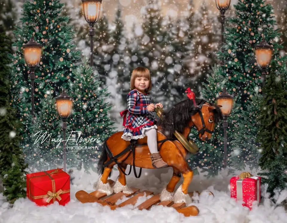 Kate Christmas Snow Forest Lights Fleece Backdrop for Photography -UK