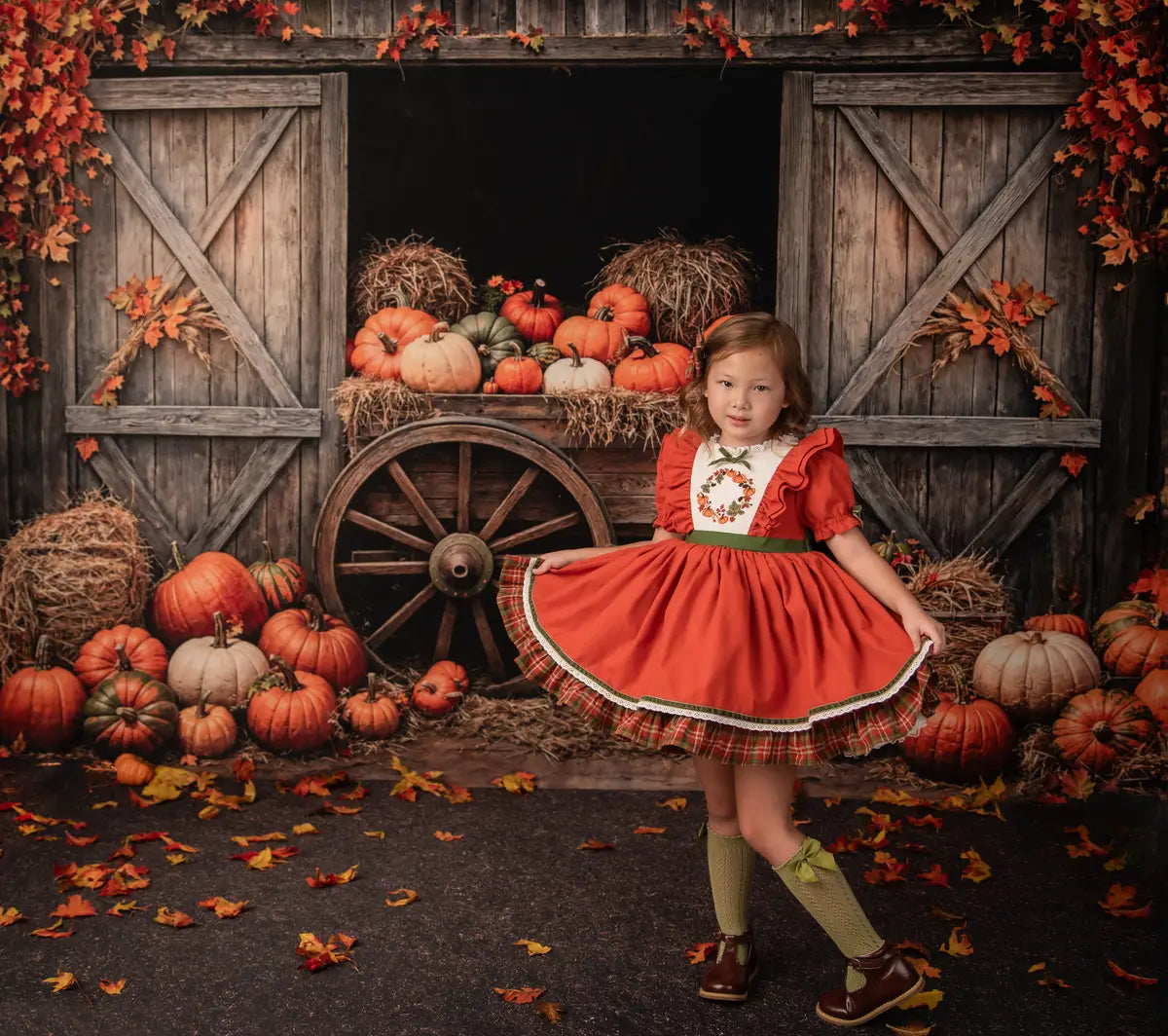 On Sale Kate Autumn Pumpkins Cart Barn Door Backdrop Designed by Emetselch -UK