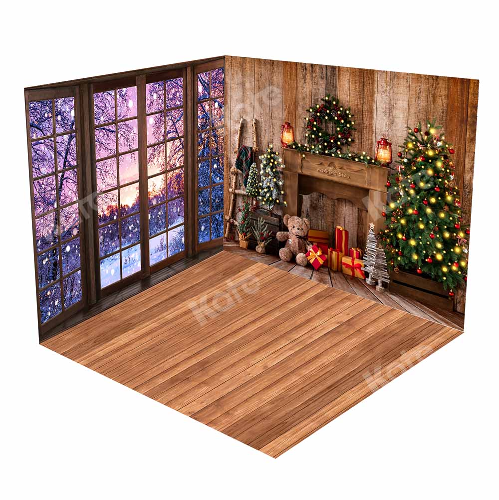 Kate Christmas Tree Snow Scene Window Fireplace Room Set -UK
