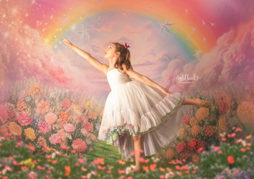 Kate Spring/Summer Pink Flower Field Rainbow Backdrop Designed by Emetselch