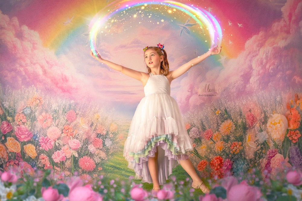 Kate Spring/Summer Pink Flower Field Rainbow Backdrop Designed by Emetselch -UK