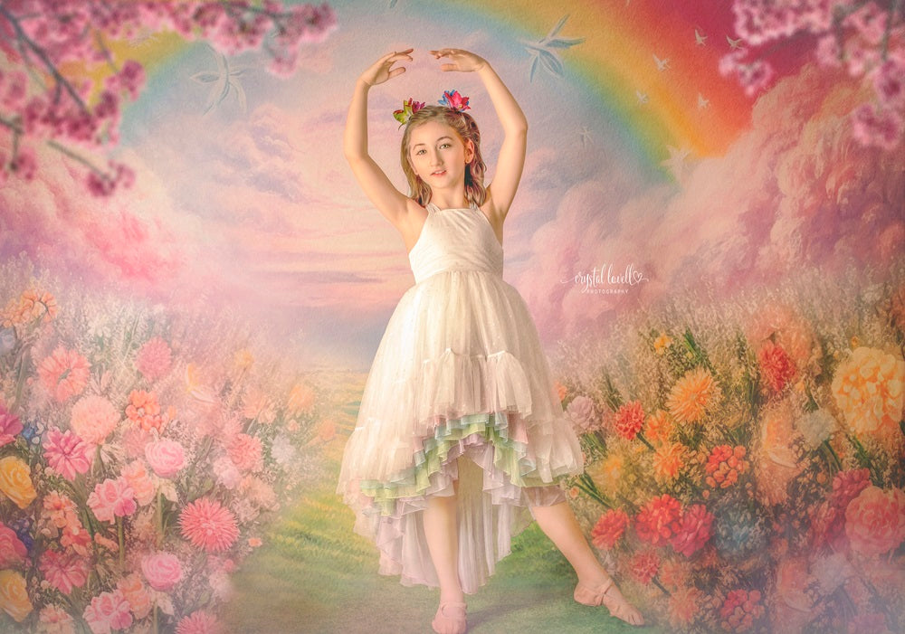 Kate Spring/Summer Pink Flower Field Rainbow Backdrop Designed by Emetselch -UK