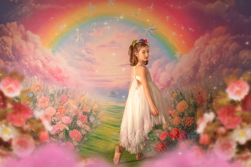 Kate Spring/Summer Pink Flower Field Rainbow Backdrop Designed by Emetselch -UK