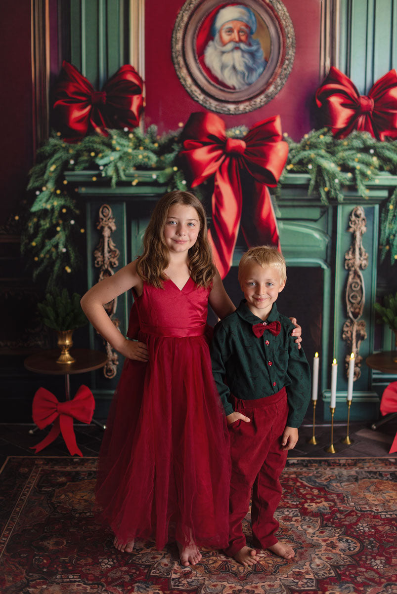 Kate Christmas Green Fireplace Bow Backdrop Designed by Mandy Ringe Photography -UK