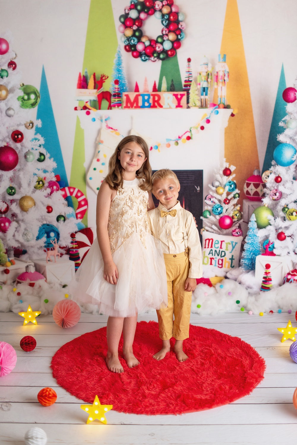 Kate Christmas Fireplace Bright Decorations Backdrop Designed by Mandy Ringe Photography