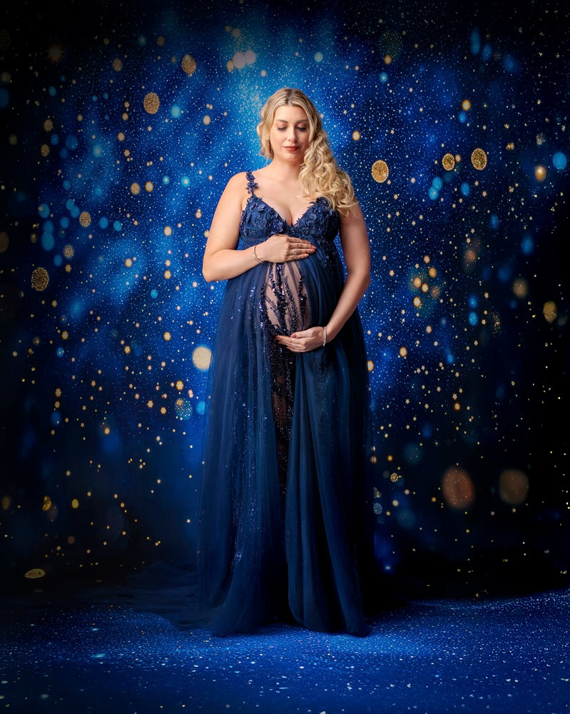 Kate Blue Bokeh Glitter Fleece Backdrop Designed by Emetselch