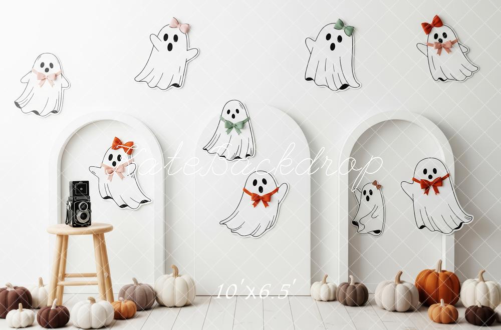 Kate Halloween Cute Ghosts Pumpkins White Backdrop Designed by Patty Robert