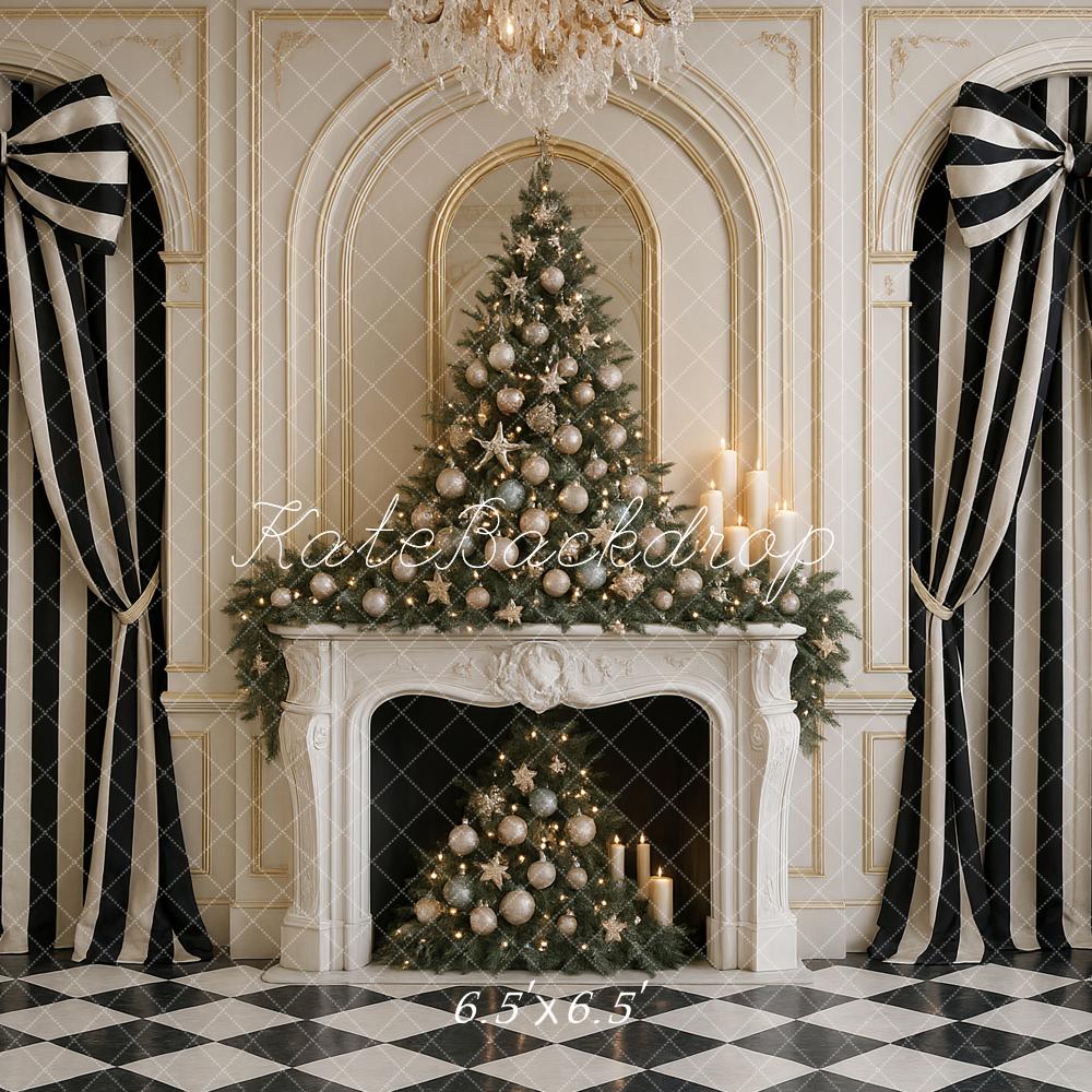 Kate Christmas Tree Fireplace Striped Bows Backdrop Designed by Ashley Paul