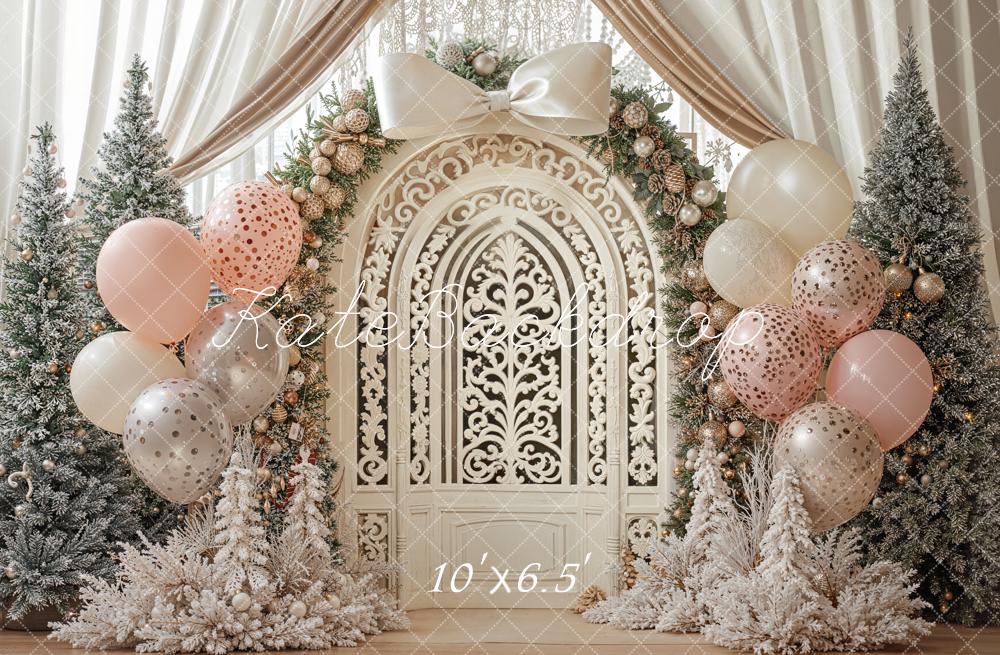 Kate Winter Arch Balloons Frosted Trees Fleece Backdrop Designed by Emetselch