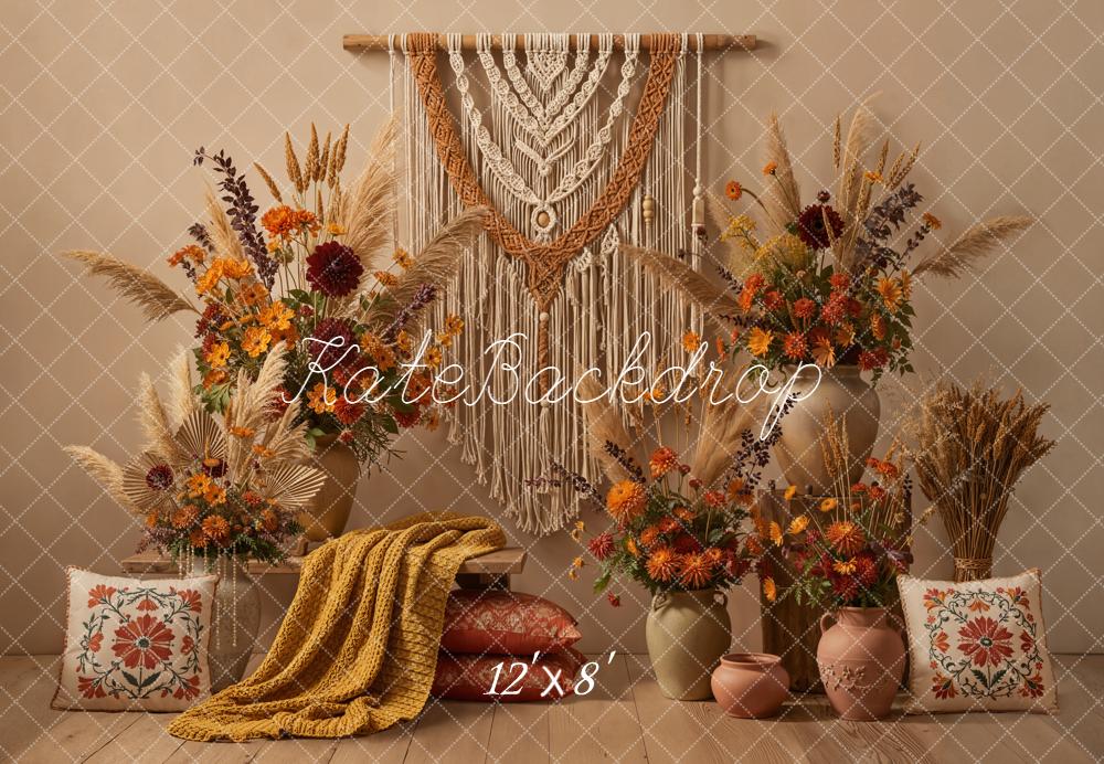 Kate Autumn Boho Macrame Earth Tones Fleece Backdrop Designed by Emetselch -UK