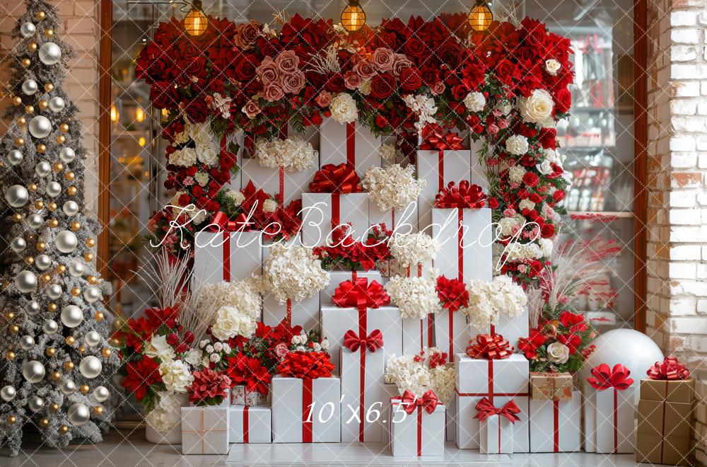 Kate Christmas Gift Boxes Red White Flowers Backdrop Designed by Mini MakeBelieve -UK