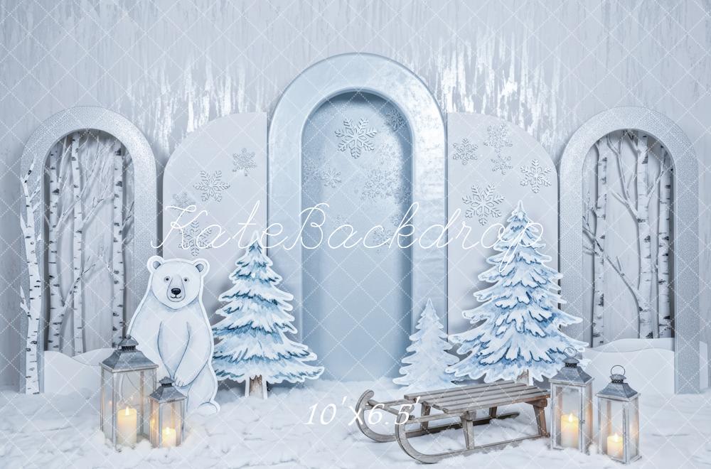 Kate Winter Polar Bear Snowy Trees Sled Backdrop Designed by Patty Robert