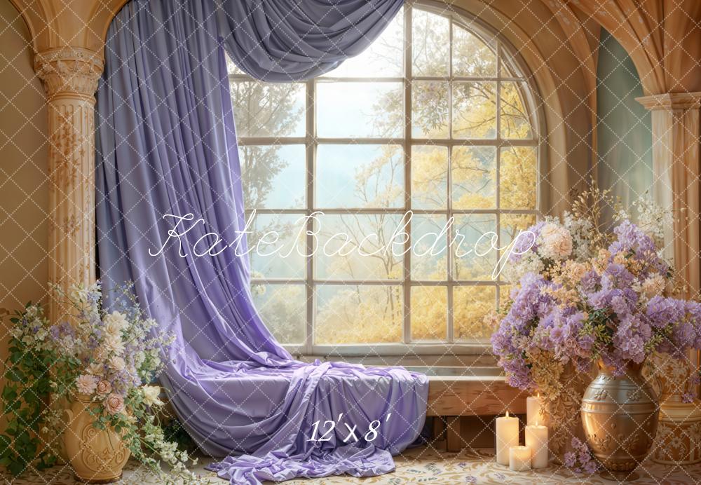 Kate Window Purple Drapes Floral Fleece Backdrop Designed by Emetselch -UK