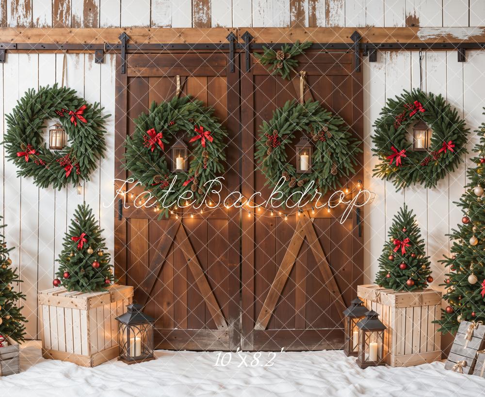 Kate Christmas Tree Brown Wooden Barn Door Backdrop Designed by Emetselch -UK