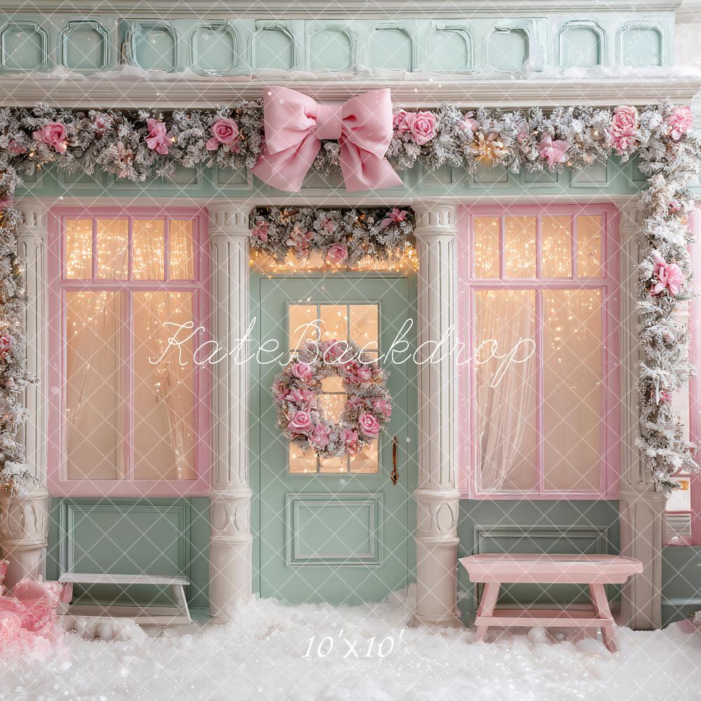 Kate Christmas Pink Bow Garland Shop Front Backdrop Designed by Ashley Paul -UK