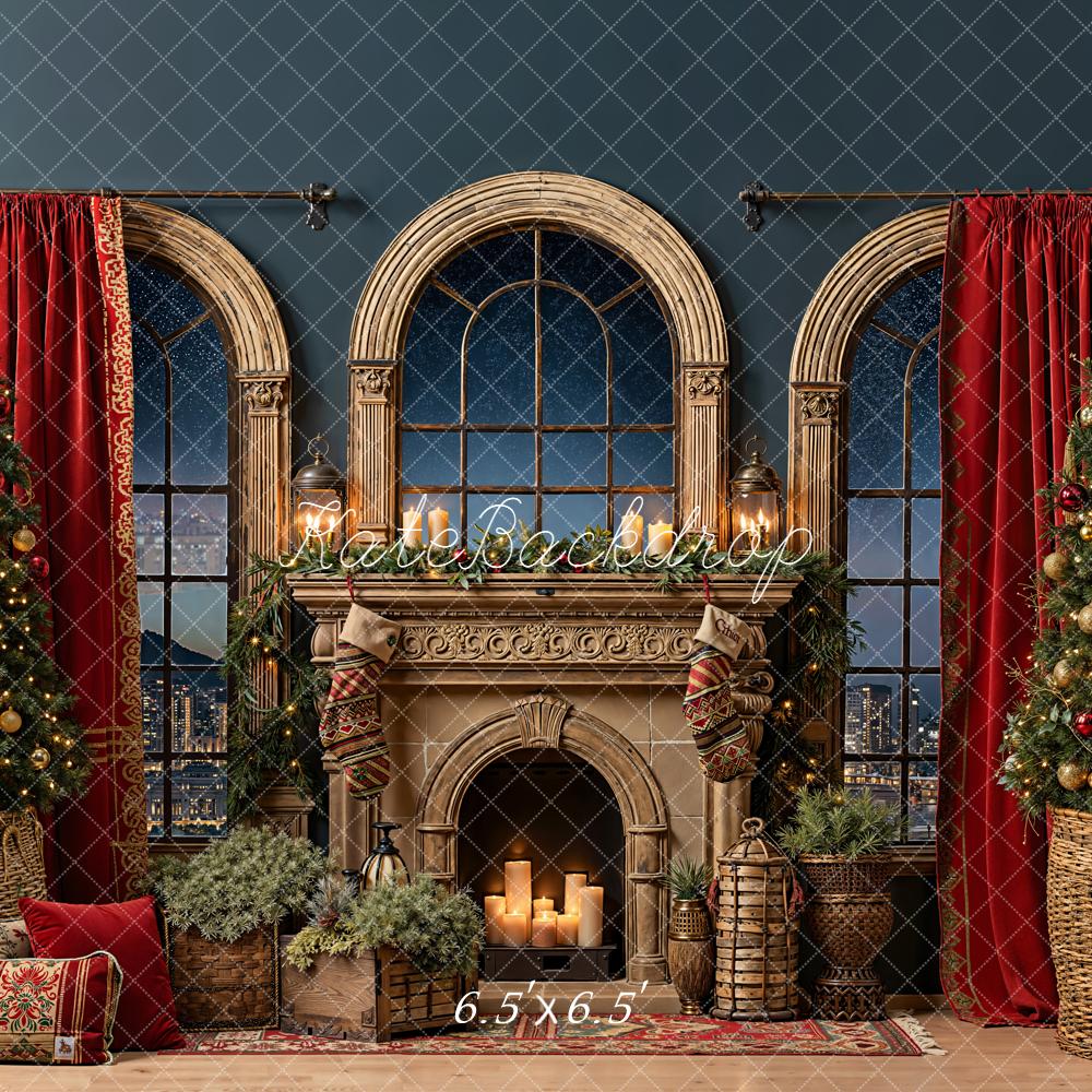 Kate Christmas Fireplace Windows Red Curtains Backdrop Designed by Emetselch