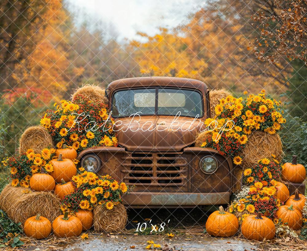 Kate Autumn Truck Pumpkins Hay Bales Fleece Backdrop Designed by Emetselch -UK
