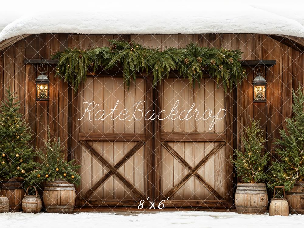 Kate Winter Barn Door Pine Trees Lanterns Fleece Backdrop Designed by Emetselch -UK
