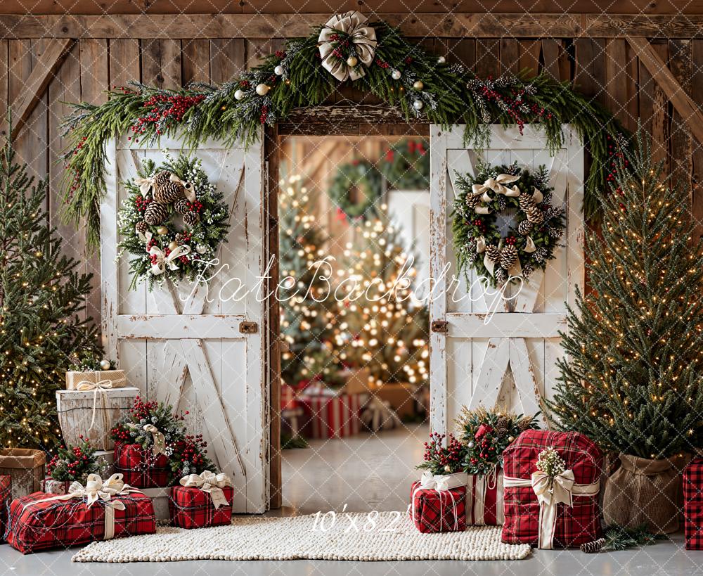 Kate Christmas White Barn Trees Gifts Backdrop Designed by Emetselch -UK