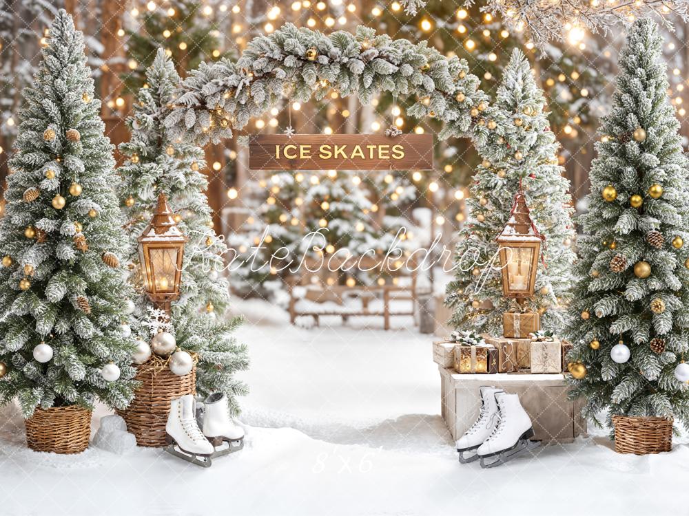 Kate Winter Ice Skates Snowy Trees Christmas Backdrop Designed by Emetselch -UK