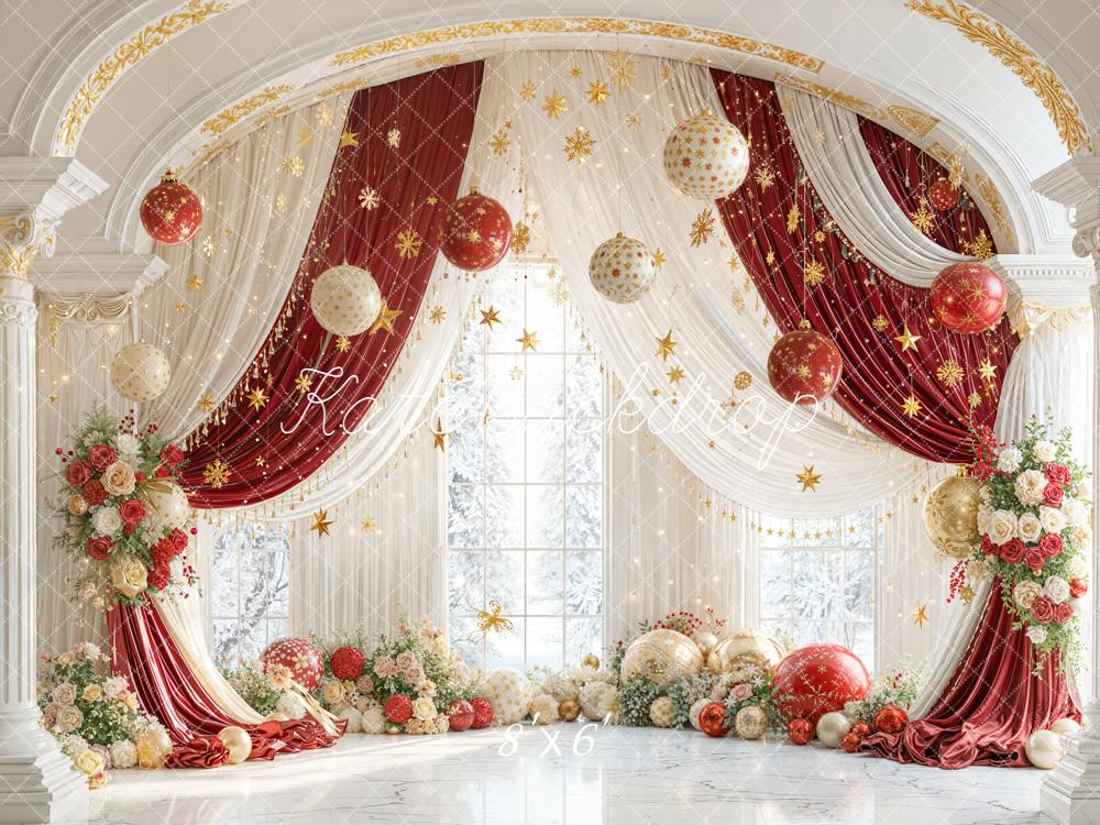 Kate Christmas Red Curtains Gold Ornaments Fleece Backdrop Designed by Emetselch -UK