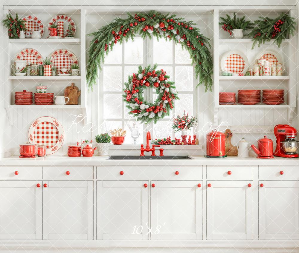 Kate Christmas Kitchen Window Garland Fleece Backdrop Designed by Emetselch