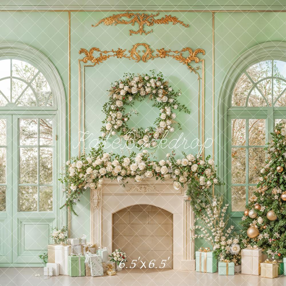 Kate Christmas Mint Green Fireplace Tree Backdrop Designed by Emetselch
