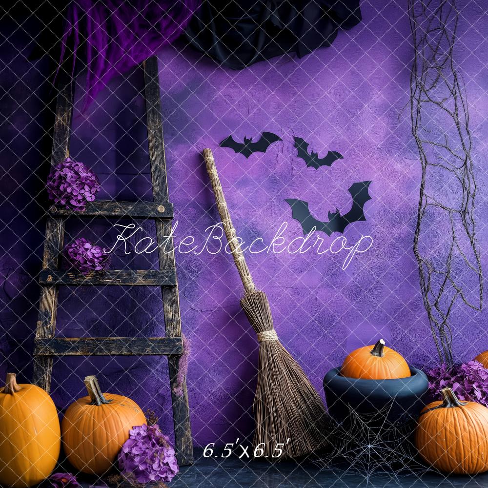 Kate Halloween Pumpkins Broom Ladder Purple Wall Backdrop Designed by Patty Robert -UK