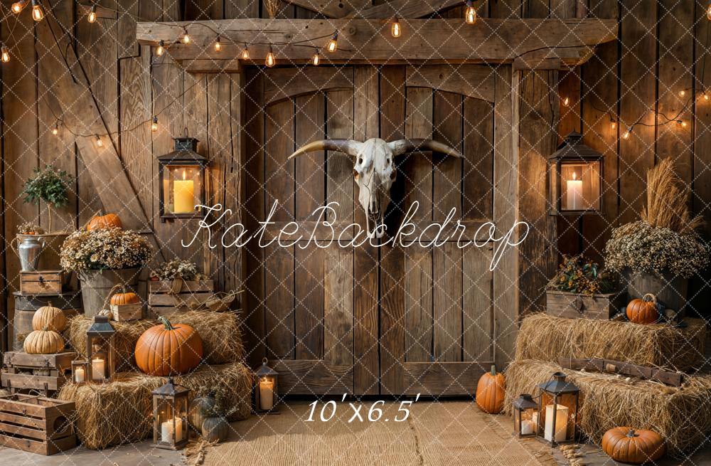 Kate Autumn Barn Lantern Pumpkin Hay Fleece Backdrop Designed by Emetselch -UK