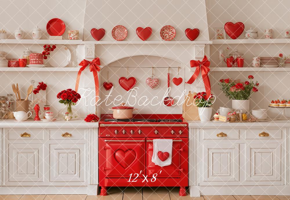 Kate Valentine Red Stove Hearts Kitchen Fleece Backdrop Designed by Emetselch