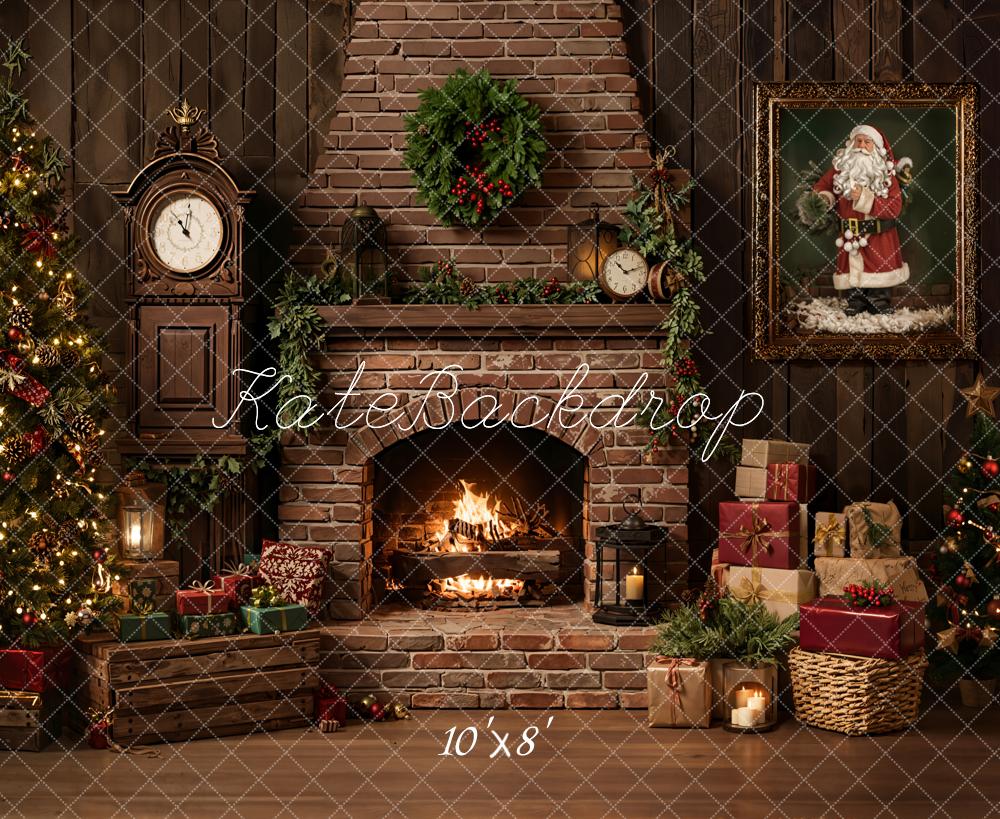 Kate Christmas Fireplace Tree Presents Vintage Fleece Backdrop Designed by Emetselch -UK