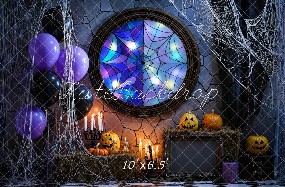 Kate Halloween Stained Glass Spiderweb Fleece Backdrop Designed by Emetselch -UK