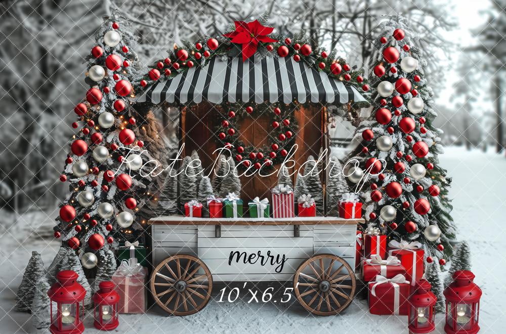 Kate Christmas Cart Presents Snowy Trees Backdrop Designed by Mini MakeBelieve -UK