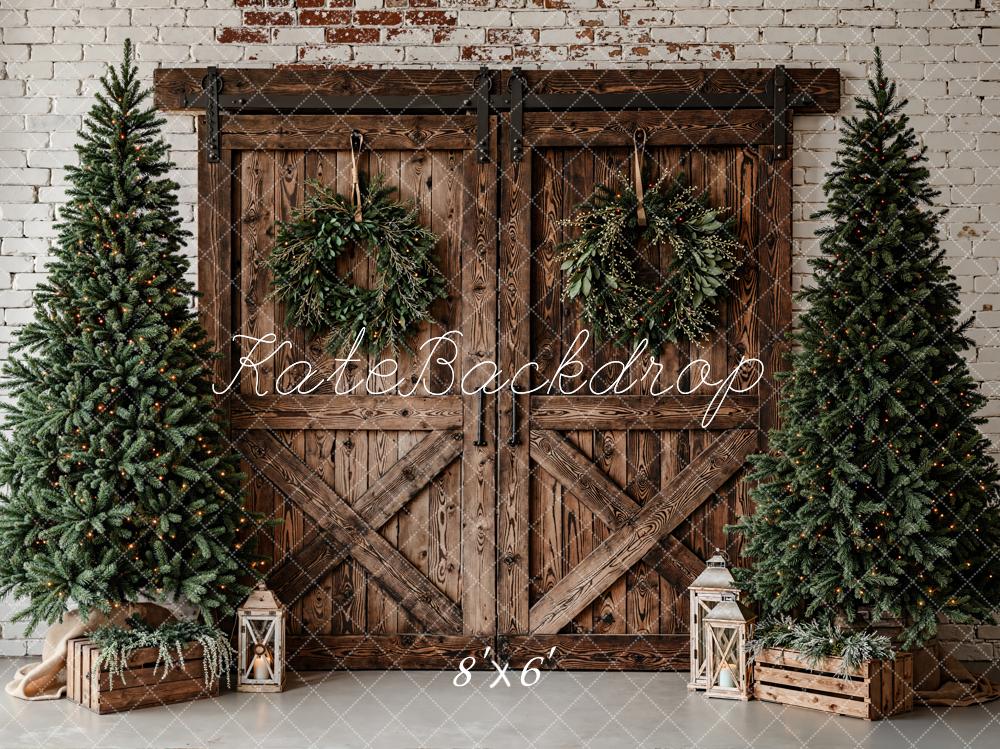 Kate Christmas Barn Door Wreath Trees Fleece Backdrop Designed by Emetselch -UK