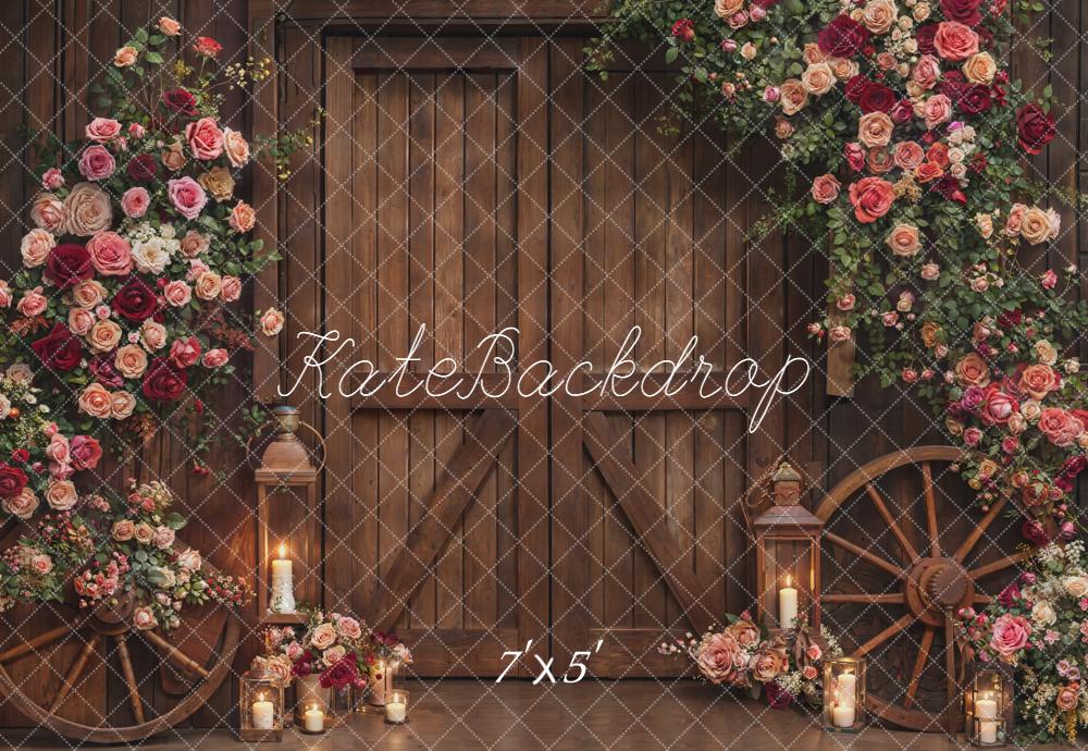 Kate Rustic Wooden Doors Wagon Wheels Garland Backdrop Designed by Emetselch