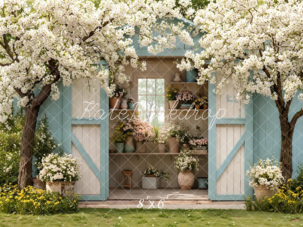 Kate Spring Flowering Trees Blue Shed Backdrop Designed by Emetselch -UK