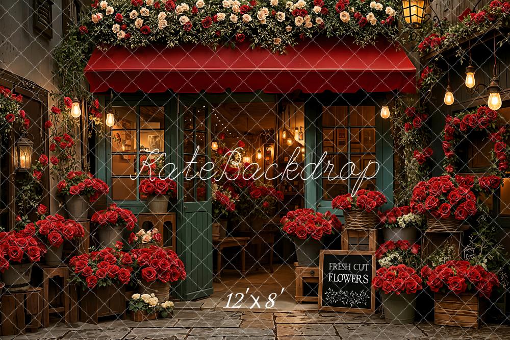 Kate Flower Shop Red Roses Awning Fleece Backdrop Designed by Emetselch -UK